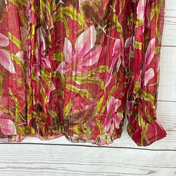 Handmade Sewn Women's Red Foral Print Button Down Long Sleeve Shirt Size M - Picture 3 of 8